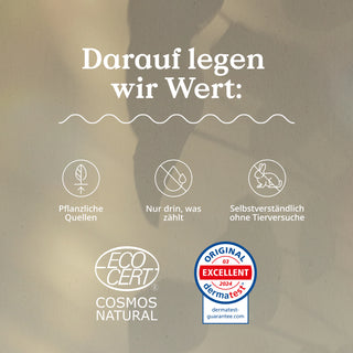 Werbung für das Hyaluronserum von Nature Love mit Symbolen, die pflanzliche Quellen, essentielle Inhaltsstoffe und Nachhaltigkeit hervorheben.