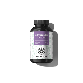 Eine Flasche des Nahrungsergänzungsmittels Ashwagandha Komplex Kapseln von Nature Love, geschmückt mit einem violetten Etikett mit Text und Logo auf schwarzem Hintergrund, jetzt angereichert mit Magnesium für mehr Wohlbefinden.