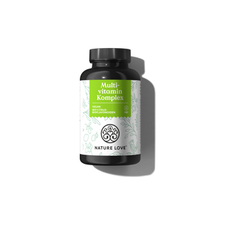 Die Flasche der Nature Love Multivitamin Komplex Kapseln hat ein grün-weißes Etikett auf schlichtem schwarzen Hintergrund und ist mit Vitaminen und lebenswichtigen Mineralstoffen angereichert.